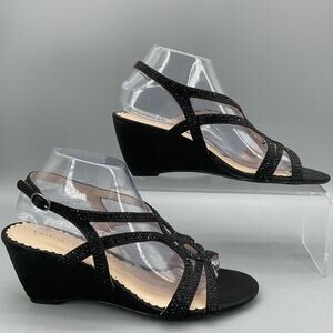 NEW Charter Club Women’s Kelsah Embellished Metallic Wedges Black Size 9.5M